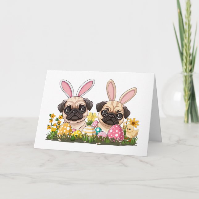 Easter Pug Dogs Bunny Ears Holiday Card (Front)