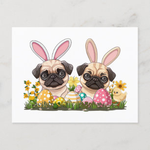 Easter Pug Dogs Bunny Ears Holiday Postcard