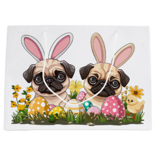 Easter Pug Dogs Bunny Ears Large Gift Bag