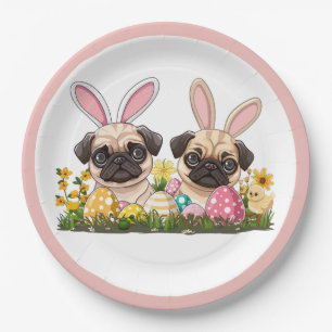Easter Pug Dogs Bunny Ears Paper Plate