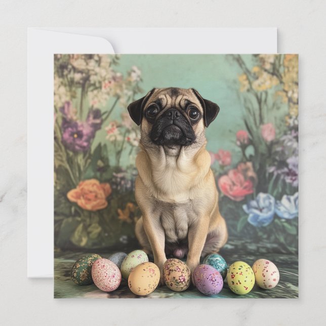 Easter pug rustic botanical floral chic holiday card (Front)