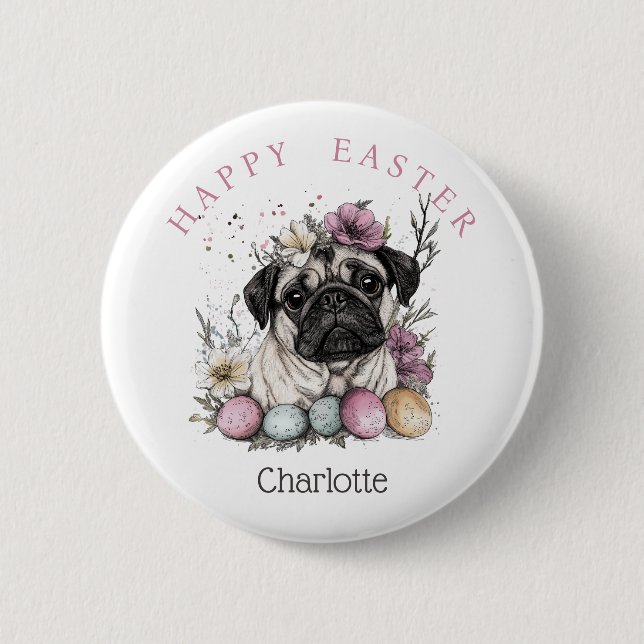 Easter pug watercolor floral  6 cm round badge (Front)