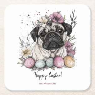 Easter pug watercolor floral square paper coaster