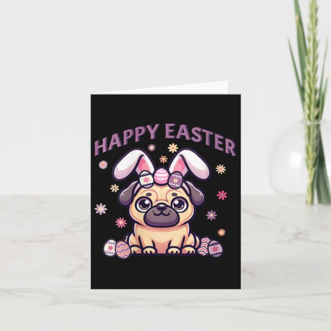 Easter Pug Wearing Bunny Ears Happy Easter Day Wom Card (Front)