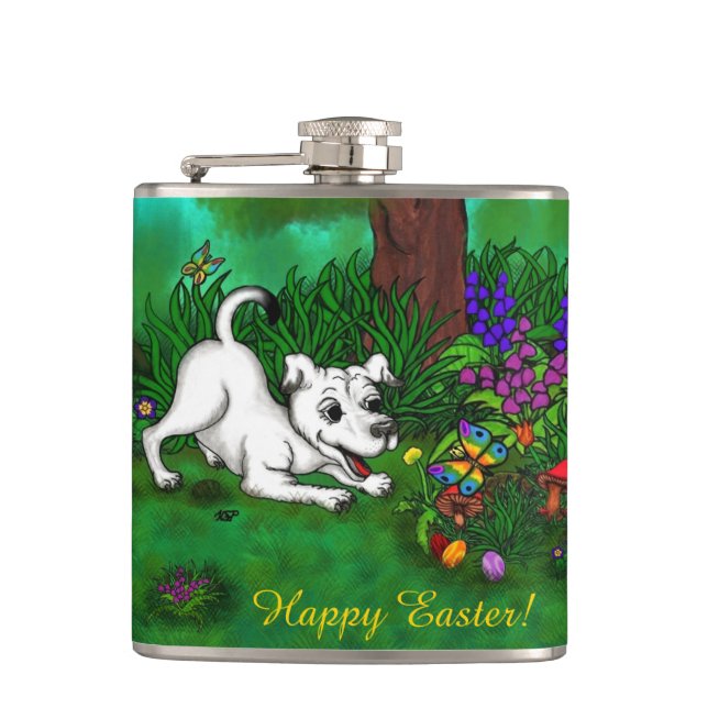 Easter - Puppy Capo and Butterfly Hip Flask (Front)