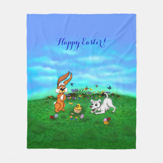 Easter - Puppy Capo Rabbit and Chick Fleece Blanket (Front)