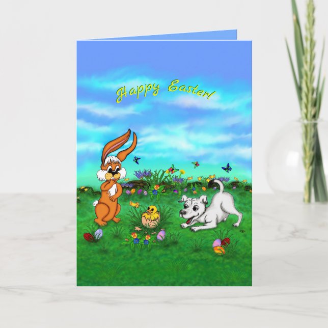 Easter - Puppy Capo Rabbit and Chick Holiday Card (Front)