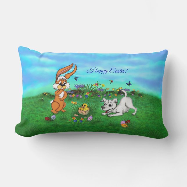 Easter - Puppy Capo Rabbit and Chick Lumbar Cushion (Front)