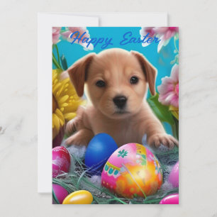 Easter Puppy Flowers and Eggs Holiday Card