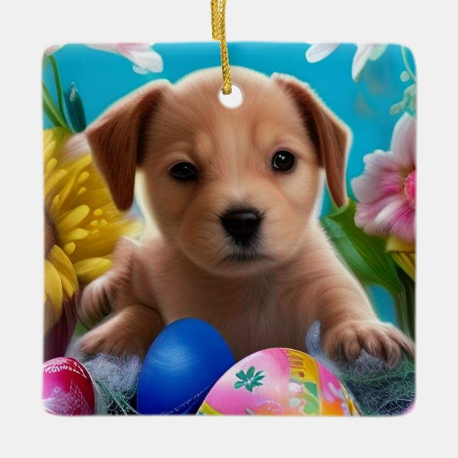 Easter Puppy Flowers and Eggs Holiday  Ceramic Ornament (Front)