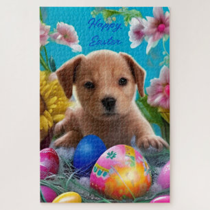 Easter Puppy Flowers and Eggs Holiday Jigsaw Puzzle