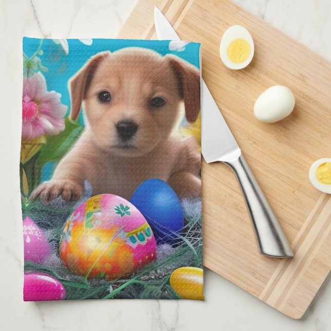 Easter Puppy Flowers and Eggs  Tea Towel (Quarter Fold)