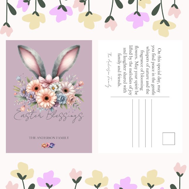 Easter Purple Floral Bunny Rabbit Ears Family Name Holiday Postcard (Creator Uploaded)