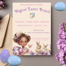 Easter Purple Flowers Cute Girl and Bunnies