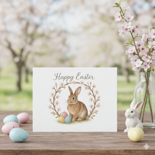 Easter Rabbit and Cherry Blossom Wreath Postcard