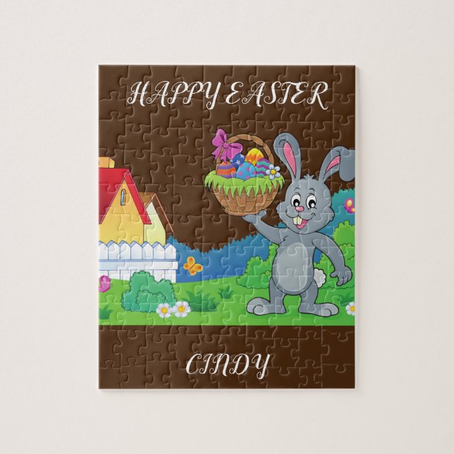 Easter rabbit, basket & house puzzle personalised. (Vertical)