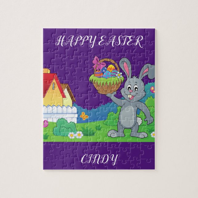 Easter rabbit, basket & house puzzle personalised. (Vertical)
