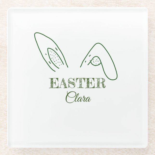 Easter rabbit bunny ears add name text editable te glass coaster (Front)