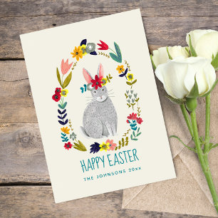 Easter rabbit bunny grey floral drawing card