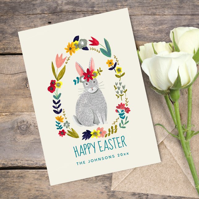 Easter rabbit bunny grey floral drawing card (Creator Uploaded)