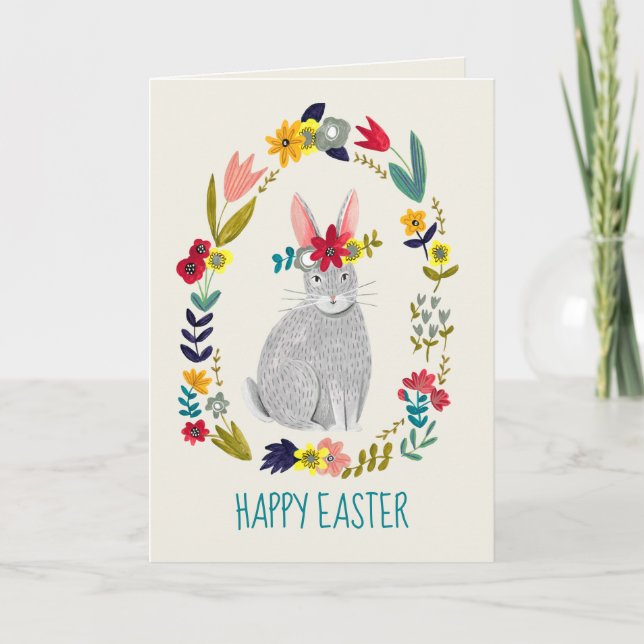 Easter rabbit bunny grey floral drawing card (Front)