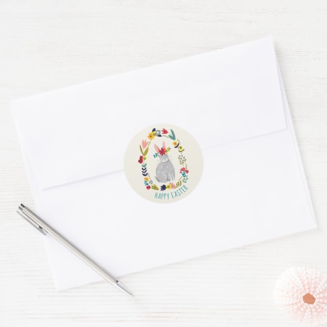Easter rabbit bunny grey floral drawing classic round sticker (Envelope)