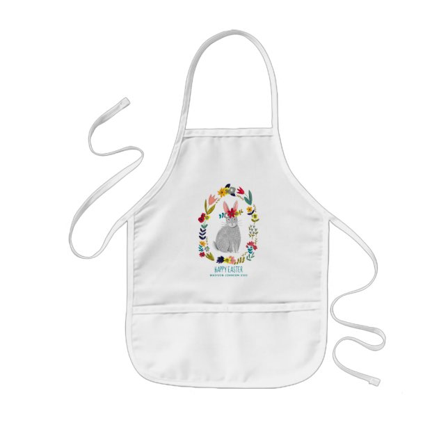 Easter rabbit bunny grey floral drawing kids apron (Front)