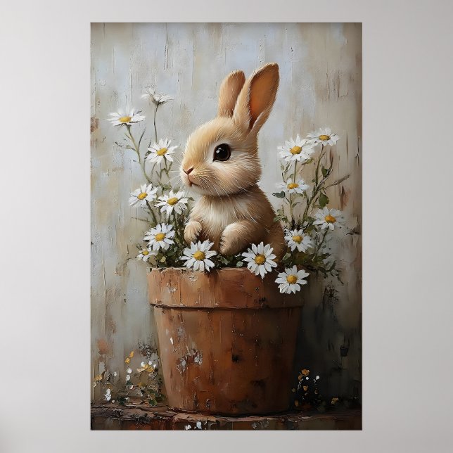 Easter Rabbit Bunny In Flower Pot Print, Rustic Poster (Front)