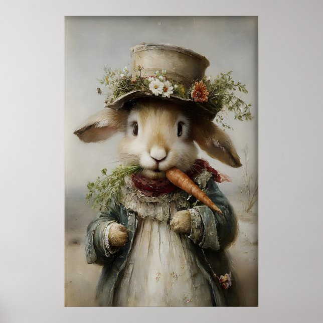 Easter Rabbit Carrot Print, Spring Bunny Poster (Front)
