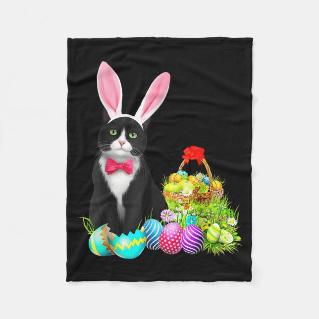 Easter Rabbit Cat Bunny Ears Eggs Happy Easter Day Fleece Blanket (Front)