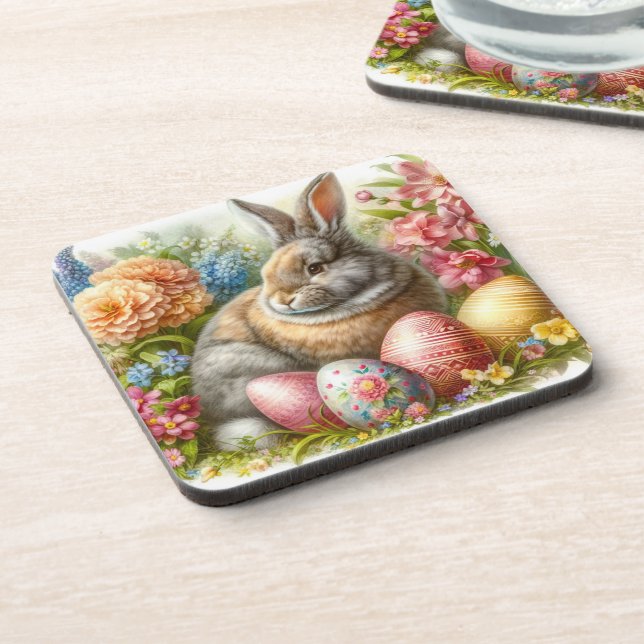 Easter Rabbit Floral Set of 6 Hard plastic coaster (Left Side)