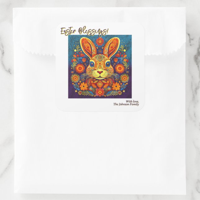 Easter Rabbit - Folk Art - Personalizable Easter Square Sticker (Bag)