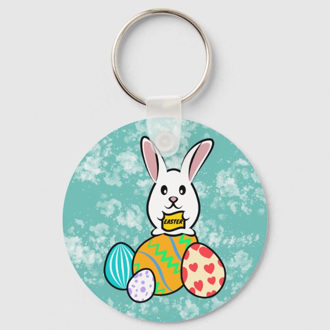 Easter Rabbit Holding a Banner on Easter Eggs Key Ring (Front)
