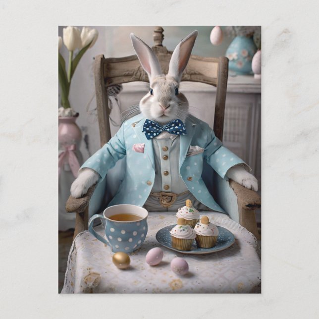 Easter rabbit in a blue coat and bow tie postcard (Front)