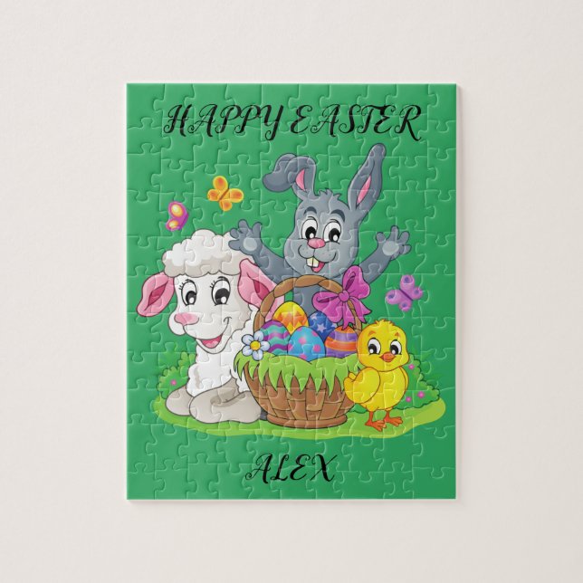 Easter rabbit, lamb & chick puzzle personalised. (Vertical)