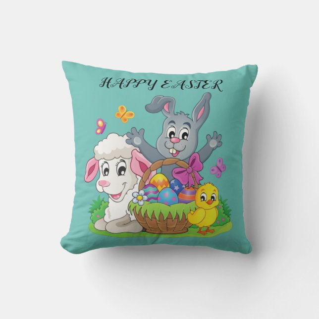 Easter rabbit, lamb & chick throw pillow. cushion (Front)