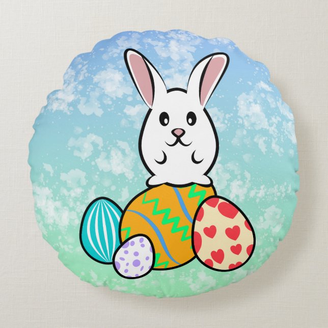 Easter Rabbit on Easter Eggs Round Cushion (Front)