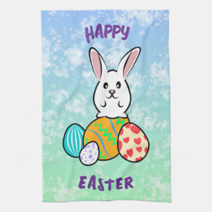 Easter Rabbit on Easter Eggs Tea Towel