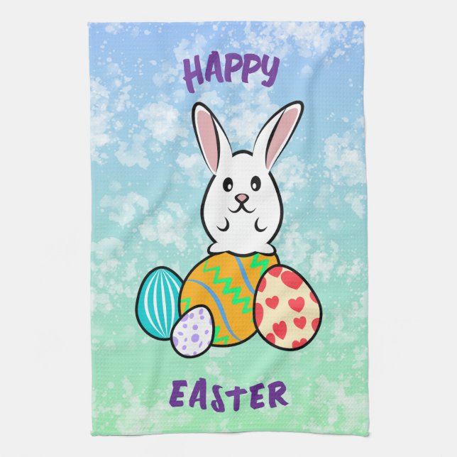 Easter Rabbit on Easter Eggs Tea Towel (Vertical)