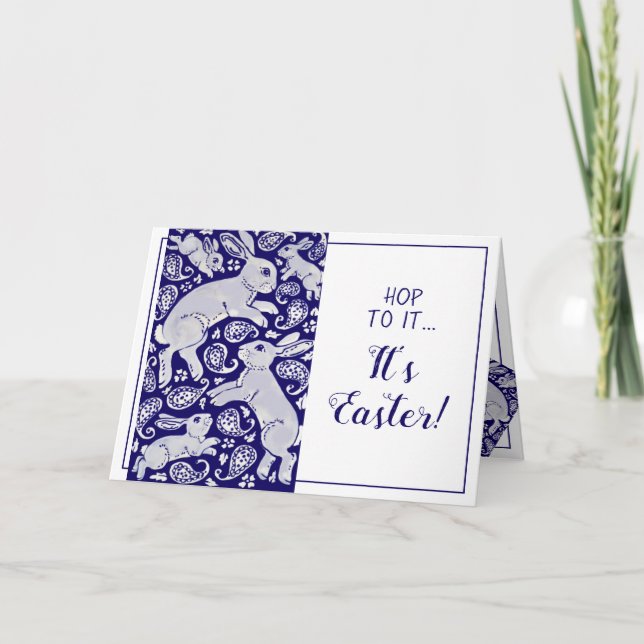 Easter Rabbit Paisley Blue & White Unique Bunny Holiday Card (Front)