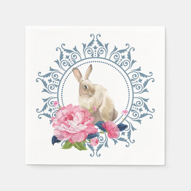 Easter Rabbit Pink Floral Napkin (Front)