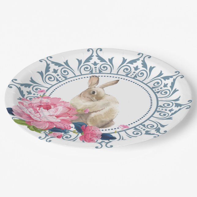 Easter Rabbit Pink Floral Paper Plate (Angled)