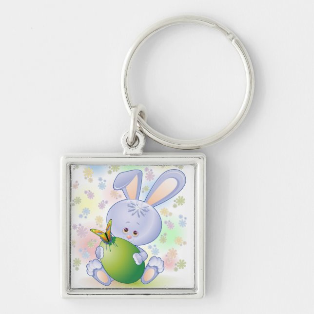 Easter Rabbit with Egg and Flowers Key Ring (Front)