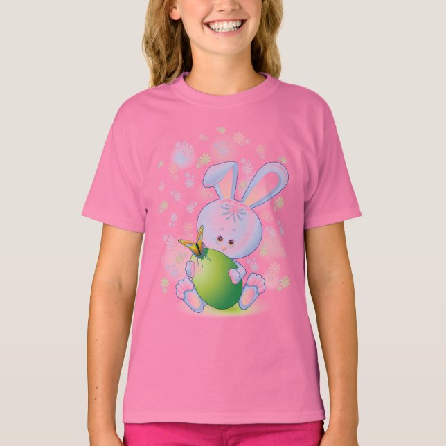 Easter Rabbit with Egg and Flowers T-Shirt (Front)