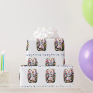 Easter rabbit with flowers Happy Easter Wrapping Paper