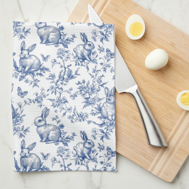 Easter Rabbits Chinoiserie Pattern Tea Towel (Quarter Fold)