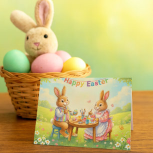 Easter Rabbits Coloring Eggs Family Holiday Card