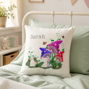 Easter Rabbits & Colourful Mushrooms Personalised Cushion