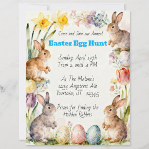 Easter Rabbits Eggs & Flowers Egg Hunt Invitation