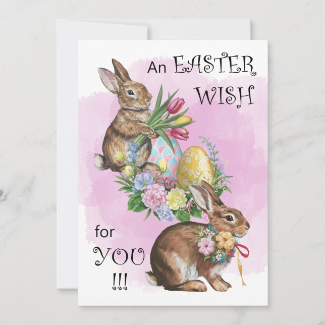 Easter Rabbits & Eggs Watercolor Flat Holiday Card (Front)